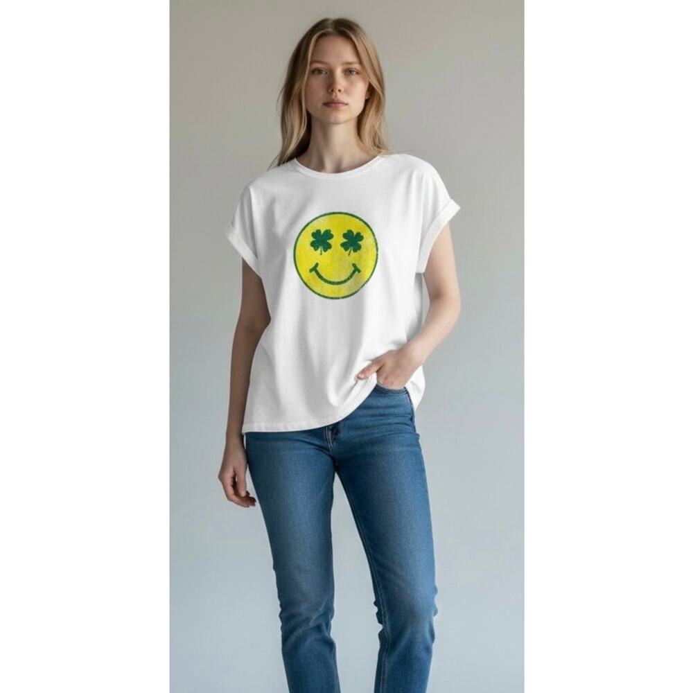 Self Contrast Lucky Smiley Graphic Tee White Cotton Top Large NWT
